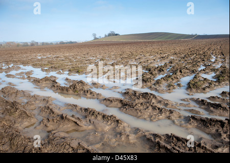 Gepflügte Land zeigen extreme Staunässe. Yorkshire, Vereinigtes Königreich. Stockfoto