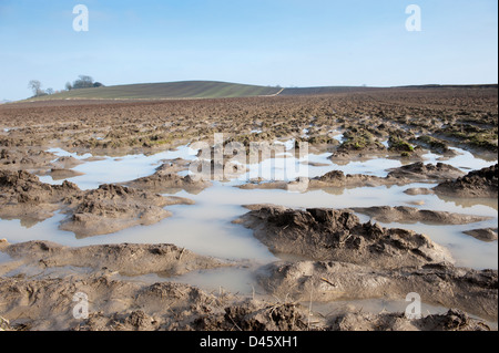 Gepflügte Land zeigen extreme Staunässe. Yorkshire, Vereinigtes Königreich. Stockfoto