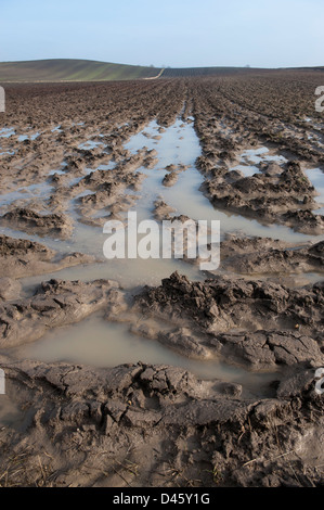 Gepflügte Land zeigen extreme Staunässe. Yorkshire, Vereinigtes Königreich. Stockfoto