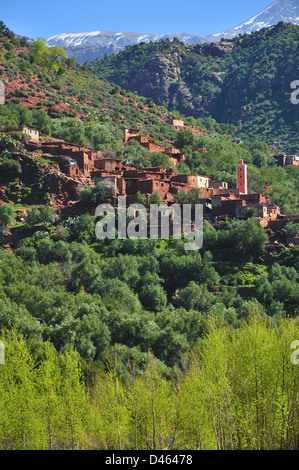 Ansicht der traditionellen marokkanischen Dörfern der Ourika Tal in Richtung Setti Fatma, mit Blick auf das schneebedeckte Atlasgebirge Marokko Stockfoto