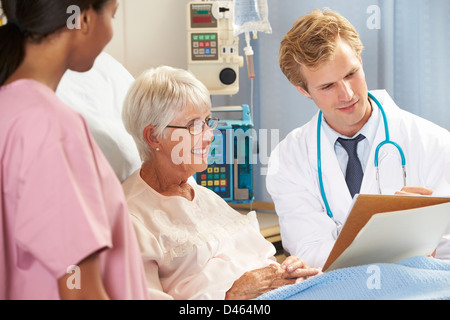 Arzt mit Krankenschwester im Gespräch mit älteren Patientin im Bett Stockfoto