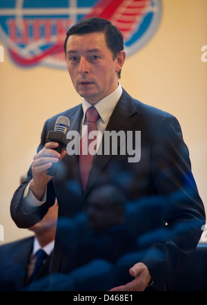 Vorbereitungen für die Expedition 29 im Cosmonaut Hotel in Baikonur, Kasachstan, mit Kosmonauten einschließlich Sergei Revin. Die Besatzung wird zu ihrer Mission zur Internationalen Raumstation aufbrechen. Stockfoto