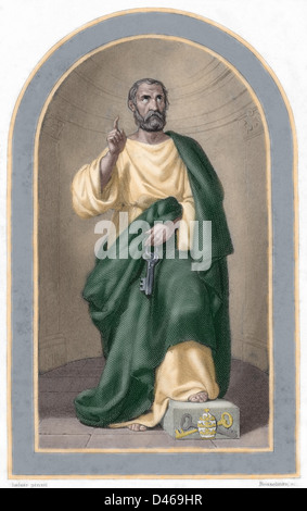 Sankt Peter (c. 1 v. Chr.-67 A.C). Apostel Jesu Christi und der erste Papst der katholischen Kirche. Farbige Gravur. Stockfoto