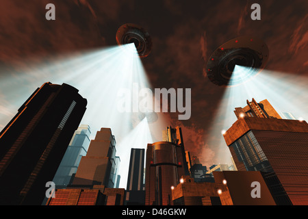 UFO-Invasion über Metropole Stockfoto