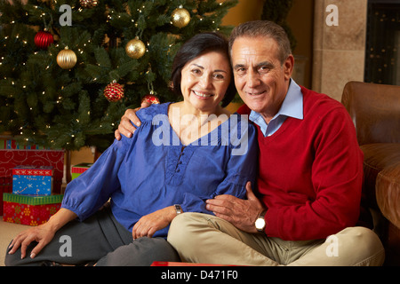 Älteres Paar vor Weihnachtsbaum Stockfoto