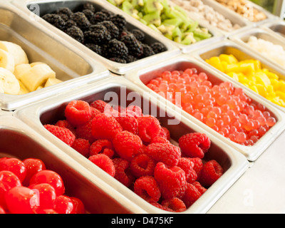 Gefrorenen Joghurt Toppings Bar. Joghurt Toppings von frischen Früchten, Nüssen, frisch geschnittenem Süßigkeiten, Sirupe und Streuseln. Stockfoto