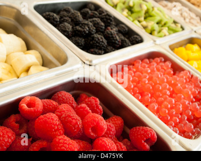 Gefrorenen Joghurt Toppings Bar. Joghurt Toppings von frischen Früchten, Nüssen, frisch geschnittenem Süßigkeiten, Sirupe und Streuseln. Stockfoto