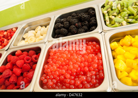 Gefrorenen Joghurt Toppings Bar. Joghurt Toppings von frischen Früchten, Nüssen, frisch geschnittenem Süßigkeiten, Sirupe und Streuseln. Stockfoto