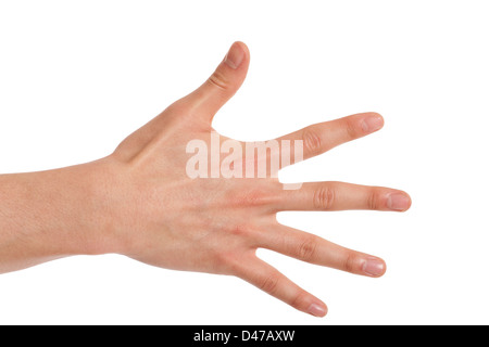 Hand mit den Fingern erreichen verbreiten isolierten auf weißen Hintergrund Stockfoto