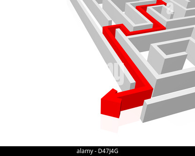 Roter Pfeil verlassen graue Labyrinth vor weißem Hintergrund Stockfoto