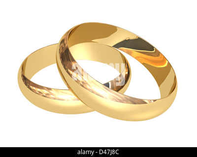 Zwei goldene Hochzeit Ringe vor weißem Hintergrund Stockfoto