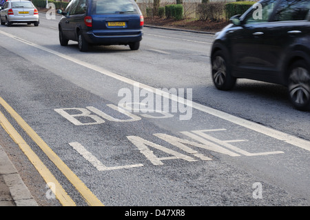 Fahrbahnmarkierungen für Busspur in Glasgow, Schottland, Großbritannien, Europa Stockfoto