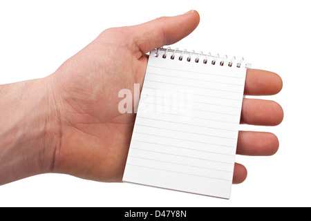 Hand, die einen Notizblock auf isolierten weißen Hintergrund. Stockfoto