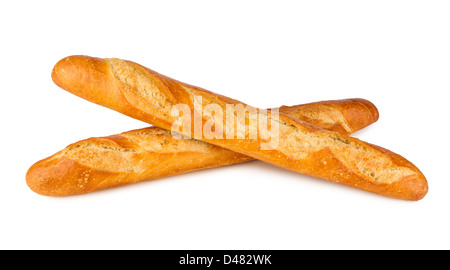 2 französische Baguettes auf weißem Hintergrund Stockfoto