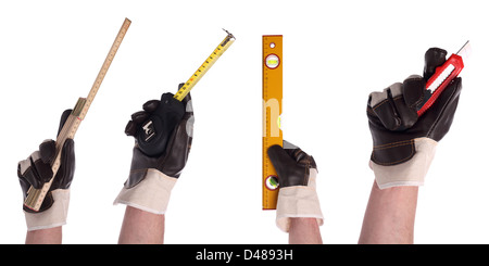 Hände mit verschiedenen Werkzeugen in Handschuhe Stockfoto