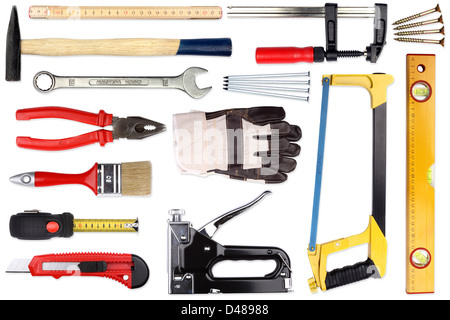 Eine Reihe von viele verschiedene Werkzeuge und Arbeitsmaterialien Stockfoto