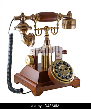 Alte Telefon ist auf dem weißen Hintergrund fotografiert. Stockfoto