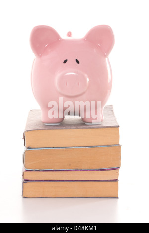 Rosa Sparschwein stehend auf Stapel Bücher Stockfoto