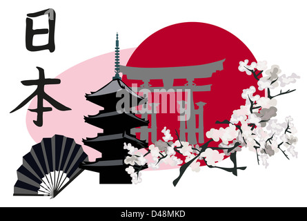 Illustration mit japanischen Sehenswürdigkeiten; Pagode und das Torii-Tor Stockfoto
