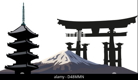 Abbildung mit Mount Fuji, japanische Pagode und Torii-Tor-Silhouette Stockfoto