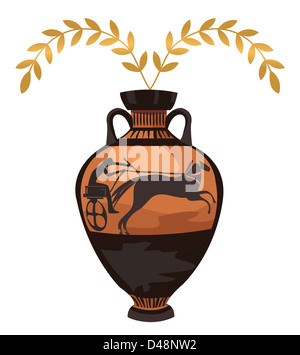 Antike griechische Vase mit Olivenzweig, isoliert auf weiss Stockfoto