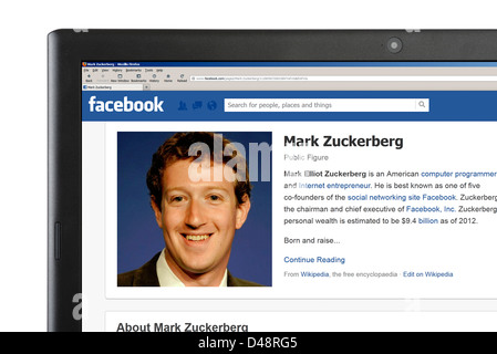 Das Facebook-Profil von Mark Zuckerberg, einer der Gründer der Firma, auf einem Laptop-Computer angezeigt Stockfoto