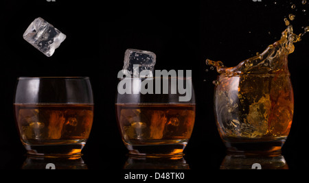 Serielle Anordnung des Eises in Whiskeyglas fallen Stockfoto