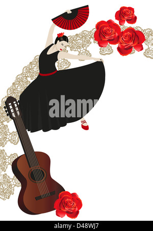 Abbildung einer Flamenco-Tänzerin mit spanischen Fans und eine Gitarre Stockfoto