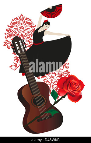 Abbildung einer Flamenco-Tänzerin mit spanischer Gitarre und rose Stockfoto