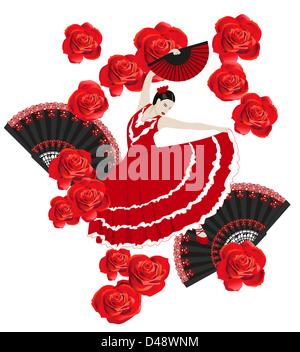 Abbildung einer Flamenco-Tänzerin mit spanischen Fans und Rosen Stockfoto