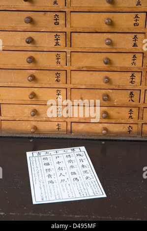 Omikuji Papier Oracle aus nummerierte Schublade am Sensoji-Tempel entfernt erzählt man, was die Zukunft bringt, ein gutes oder schlechtes Vermögen. Stockfoto