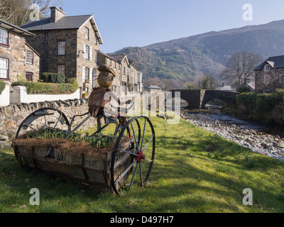 Blick entlang Afon Colwyn Fluss zur alten Brücke mit ungewöhnlichen Dreirad Blume Pflanzer auf Riverside in Beddgelert, Snowdonia, Wales, UK Stockfoto