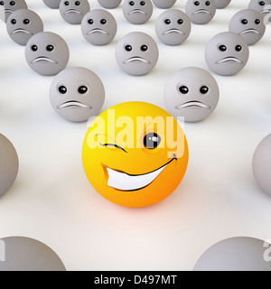 Die dreidimensionale Smiley-Kugel in optimistische Stimmung in einem Umfeld von Pessimisten (auf weißem Hintergrund) Stockfoto