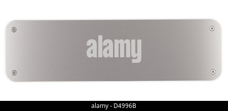 Plakette aus gebürstetem Aluminium mit runden Ecken mit 4 Schrauben auf eine weiße Wand, horizontales Bild, Banner Stil ausgestattet. Stockfoto
