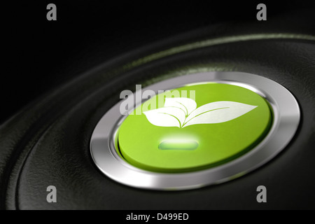 grünen Eco-freundliche Auto-Taste mit Blätter Piktogramm und Licht-Symbol der Kraftstoffverbrauch Stockfoto