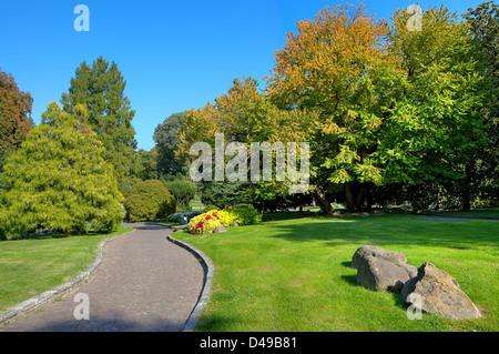 Schmalen Gehweg zwischen grünen Wiesen und Bäumen unter blauem Himmel auf botanische Teil der berühmten Valentino-Park in Turin, Italien. Stockfoto