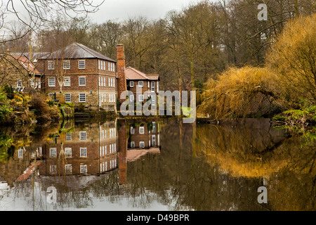 Knaresborough England am Fluss Nidd mit Reflexionen von der alten Mühle am Fluss. Stockfoto