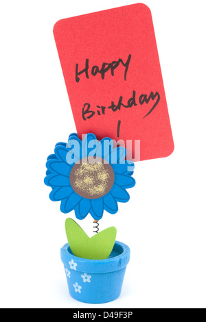 Alles Gute zum Geburtstag Worte geschrieben auf Papier der Sonne Blume Topf clip Stockfoto