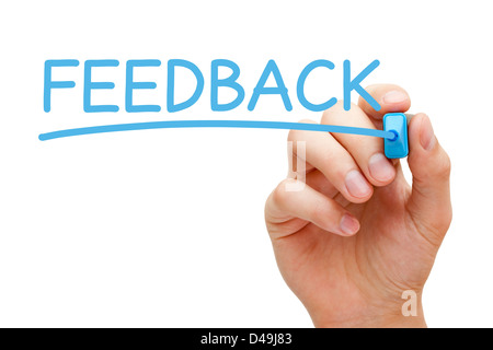Handschrift Feedback mit blaue Markierung auf transparente wischen. Stockfoto
