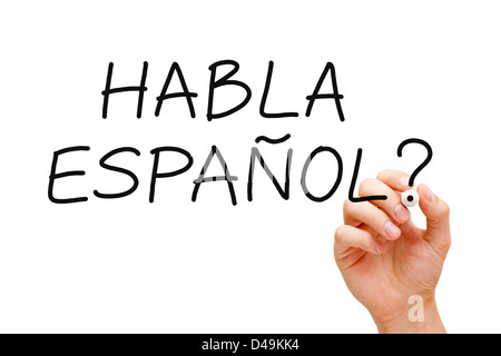 Handschrift Habla Espanol? Frage mit schwarzem Filzstift auf transparente wischen. Stockfoto