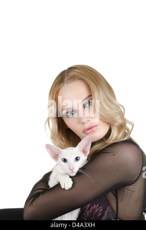 Frau mit orientalisch Kurzhaarkatze Stockfoto