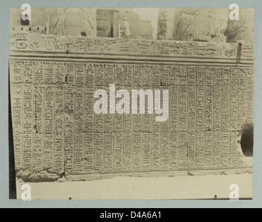 Eine detaillierte Ansicht eines Basreliefs aus dem Tempel von KOM Ombo in Ägypten, das Hieroglypheninschriften und Szenen aus der altägyptischen Mythologie zeigt, insbesondere solche, die mit Sobek und Haroeris in Verbindung stehen. Stockfoto