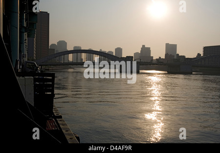 Früh morgens Sonnenaufgang über dem Sumidagawa (Sumida-Fluss) im Herzen der Innenstadt von Tokio. Stockfoto