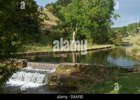 Landschaft Fluss Lathkill mit einem Damm im Peak District, Derbyshire England Großbritannien Stockfoto