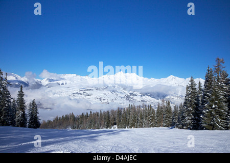 La Foret blaue Piste am frühen Morgen, Les Arcs, Savoie, Frankreich, Europa Stockfoto