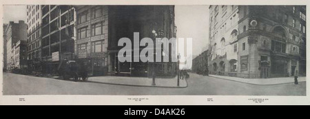 Dieses Bild aus dem Jahr 1911 zeigt einen Blick auf die West 15th und 16th Street in New York, mit der Union Skirt Co.-Storefront und den umliegenden Gebäuden entlang der Fifth Avenue. Es ist Teil der Sammlung historischer Stadtfotografie der New York Public Library. Stockfoto