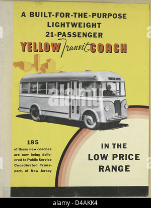 Diese Werbung zeigt einen gelben Transitbus von General Motors, der als erschwingliche Option für öffentliche Verkehrsmittel vermarktet wird. Es ist Teil der Sammlung der New York Public Library mit Vintage-Werbung für Automobilprodukte. Stockfoto