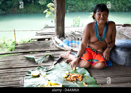 Embera Indianerin Zubereitung von Essen an die Embera Puru Dorf, Rio Pequeni, Republik von Panama. Stockfoto