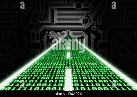 Datenautobahn, konzeptionelle 3D-Illustration, stilisierte Platine im Hintergrund. Stockfoto
