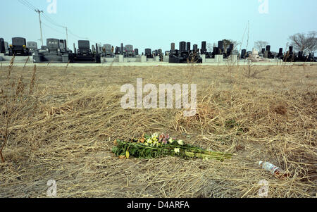 7. März 2013, Iwanuma, Japan - entstehen neue Grabsteine auf dem Friedhof von einem lokalen buddhistischen Tempel in der Nähe von Sendai Airport in Iwanuma, Präfektur Miyagi. 7. März 2013, Sendai, Japan - bleibt eine ausgenommene Haus stehen außerhalb Flughafen Sendai, Präfektur Miyagi, am 7. März 2013. Große Flecken der Gegend wurde von den Fluten überschwemmt vor zwei Jahren am 11. März als Magnitude 9,0 Erdbeben und anschließenden Tsunami Nordosten des Landes, verlassen mehr als 15.000 Menschen Tote und außergewöhnlichen breitere Schwaden der Küstenstädte und Dörfer heimsuchte.  (Foto von Natsuki Sakai/AFLO) Stockfoto